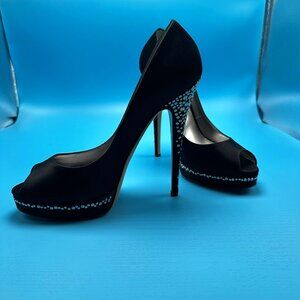 Casadei Embellished Pee Toe Satin Black Platform Pump